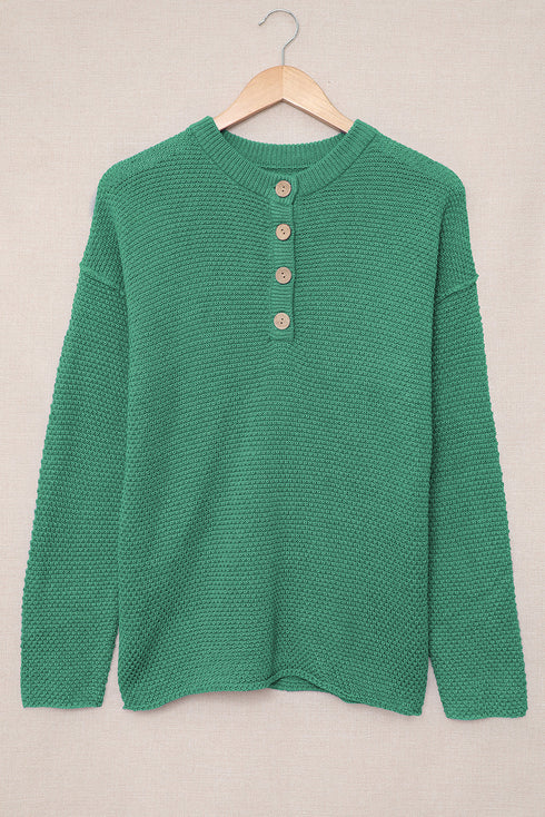 Henley Button Placket Side Slit Drop Shoulder Pullover Knit Sweater